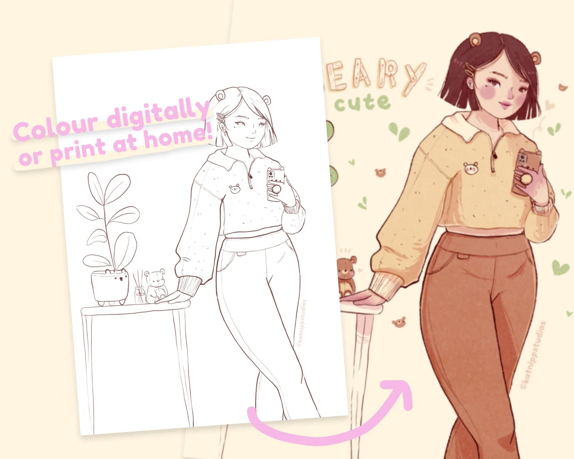 Beary Cute Kawaii Colouring Page Digital Download | Printable Fashion Girl Colouring Sheet for Home | Katnipp Colouring Book Page