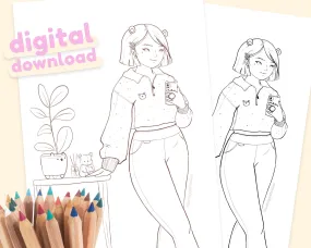 Beary Cute Kawaii Colouring Page Digital Download | Printable Fashion Girl Colouring Sheet for Home | Katnipp Colouring Book Page