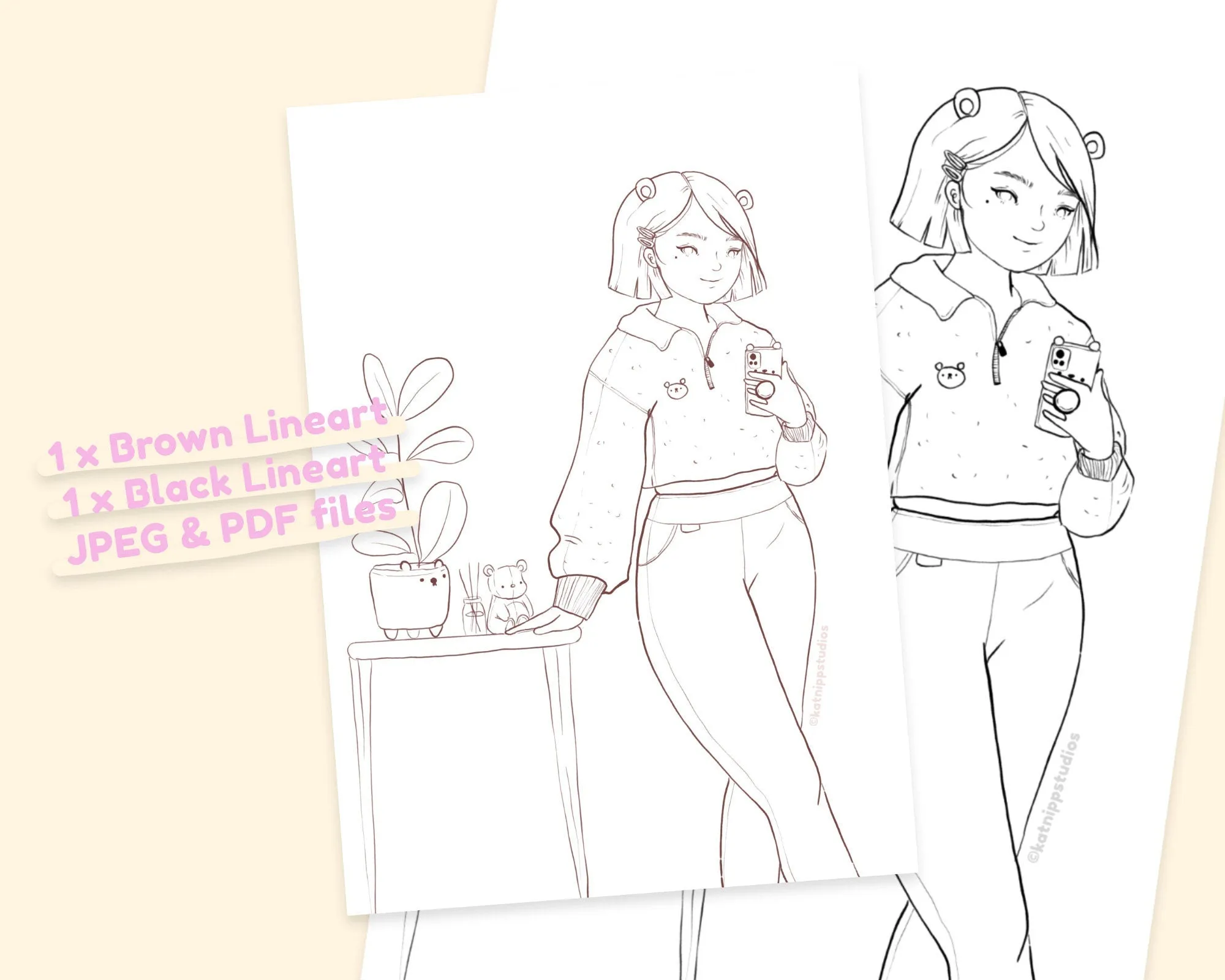 Beary Cute Kawaii Colouring Page Digital Download | Printable Fashion Girl Colouring Sheet for Home | Katnipp Colouring Book Page