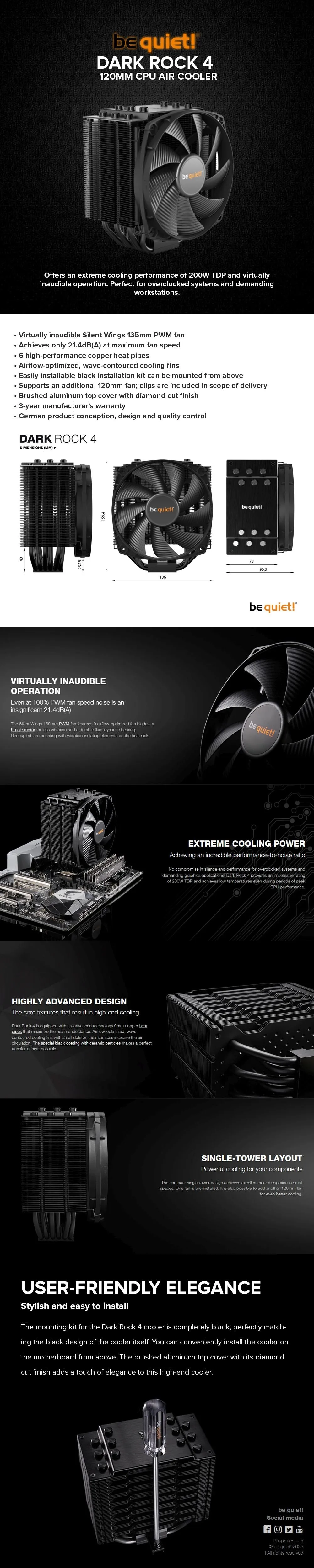 BeQuiet Dark Rock 4 120mm Airflow-optimized, wave-contoured cooling fins CPU Air Cooler