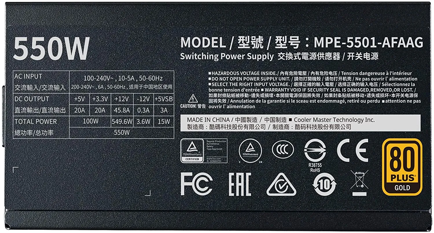Cooler Master MWE Gold 550 V2 Full Modular, 550W, 80  Gold Efficiency, 2 EPS Connectors, 120mm HDB Fan, Semi-fanless Operation