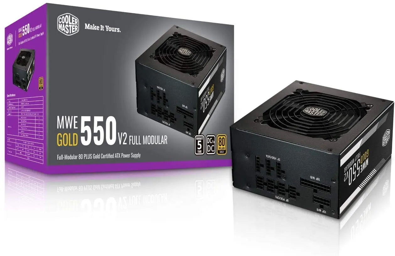 Cooler Master MWE Gold 550 V2 Full Modular, 550W, 80  Gold Efficiency, 2 EPS Connectors, 120mm HDB Fan, Semi-fanless Operation