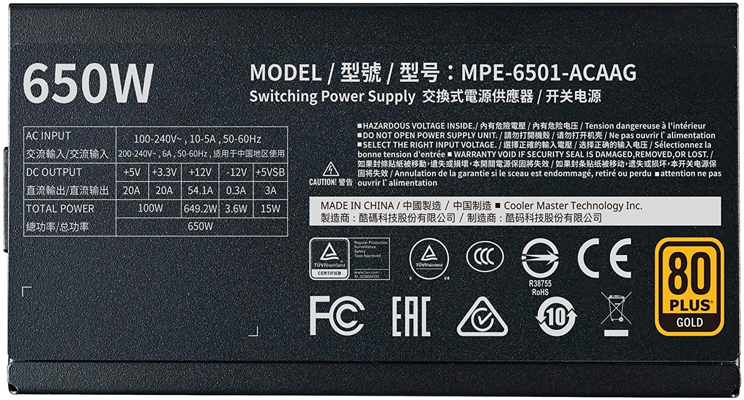 Cooler Master MWE Gold 650 V2 Full Modular, 650W, 80  Gold Efficiency, 2 EPS Connectors, 120mm HDB Fan, Semi-fanless Operation