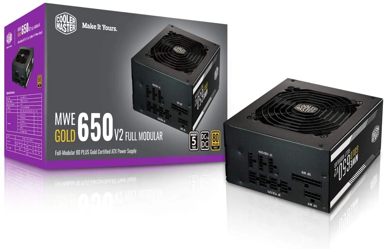 Cooler Master MWE Gold 650 V2 Full Modular, 650W, 80  Gold Efficiency, 2 EPS Connectors, 120mm HDB Fan, Semi-fanless Operation