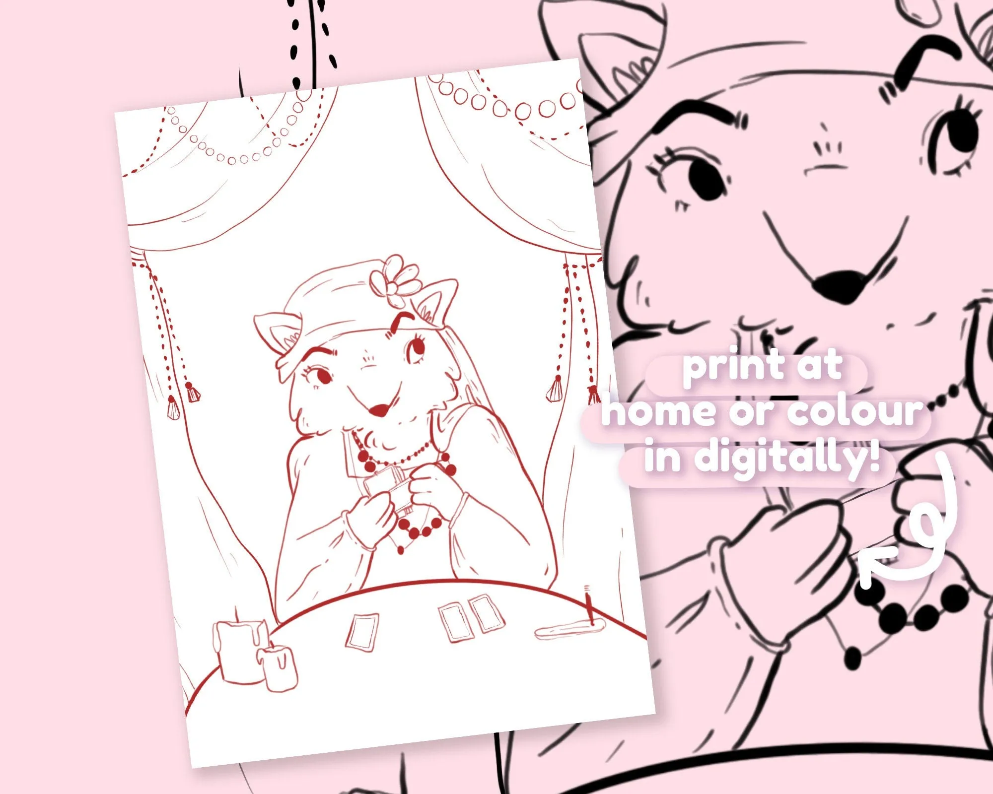 Madame Fortuna Fox Whimsical Colouring Page | Enchanting Printable Digital Download for Kawaii Colouring Fun