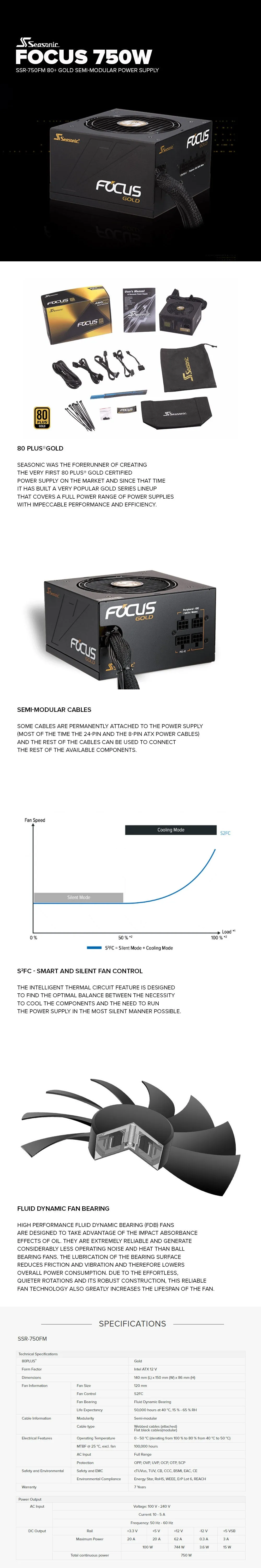 Seasonic Focus Gold 750W, 50W 80 Plus Multi-GPU setup Semi-Modular Cables Power Supply
